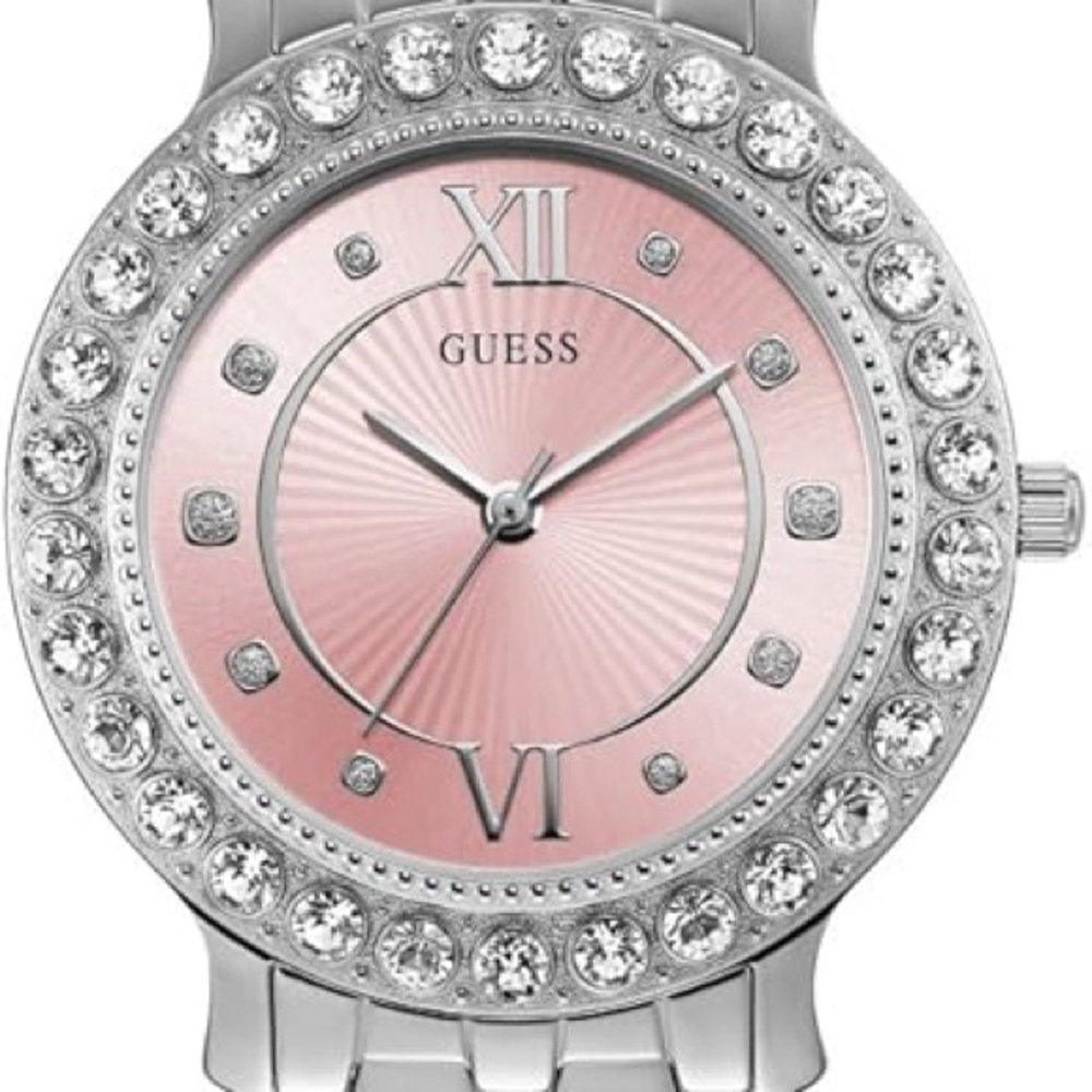 GUESS Silver Tone Bracelet Watch Pink Crystal Bezel Stainless Steel Women’s - Picture 3 of 11